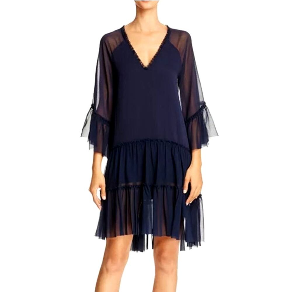 ALICE + OLIVIA Zoey Tiered Chiffon Tunic Dress Navy Blue Size M Sheer Ruffles